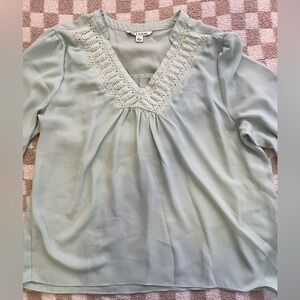 Zac & Rachel Mint Crochet V-Neck Blouse